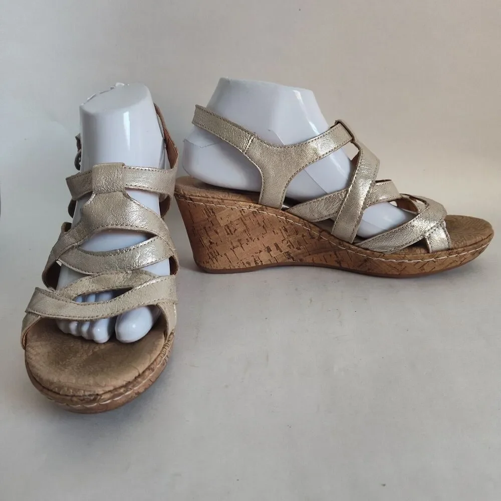 BOC Born‎ Metallic Gold Leather Sandals Cork Wedge Heels Ankle Strap Womens 10 M